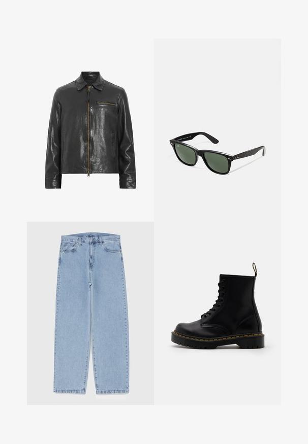 Černá kožená bunda se zipem vpředu, límcem a boční kapsou. Má lesklou texturu a zlaté kovové detaily.; Bílý bavlněný top na ramínka s kulatým výstřihem, širokými ramínky a rovním lemem, s hladkou texturou a bez viditelných vzorů.; Světle modré džíny s rovnými nohavicemi, středním pasem, pěti kapsami a zapínáním na knoflík a zip.; Černé kožené kotníkové boty s šněrováním vpředu, žlutým prošíváním, zaoblenou špičkou a silnou, textured gumovou podrážkou.; Černé plastové sluneční brýle se zelenými skly, čtvercové obroučky, stříbrný detail na obočí a texturované stranice. Značka uvedená na vnitřní straně stranic.