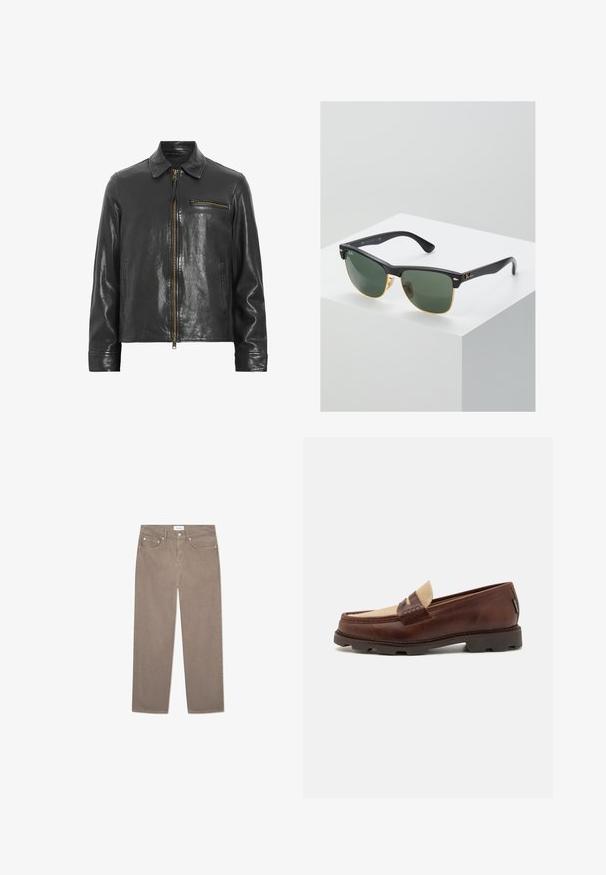 Jachetă din piele neagră cu fermoar în față, guler și un buzunar lateral. Prezintă o textură lucioasă și accente de hardware aurii.; Top din bumbac alb, cu decolteu rotund, bretele late și margine dreaptă, având o textură fină și fără modele vizibile.; Jeans drepti maro, cu un design cu cinci buzunare, accesorii metalice și o textură netedă. Țesătura are un model subtil și uniform.; Loaferi din piele maro cu un accent din pânză taupe, detalii cusute și o talpă din cauciuc texturat, proiectați pentru confort și durabilitate.; Ochelari de soare Ray-Ban cu lentile verzi, rame din plastic negru și accente aurii pe margini. Formă pătrată cu un finisaj mat.