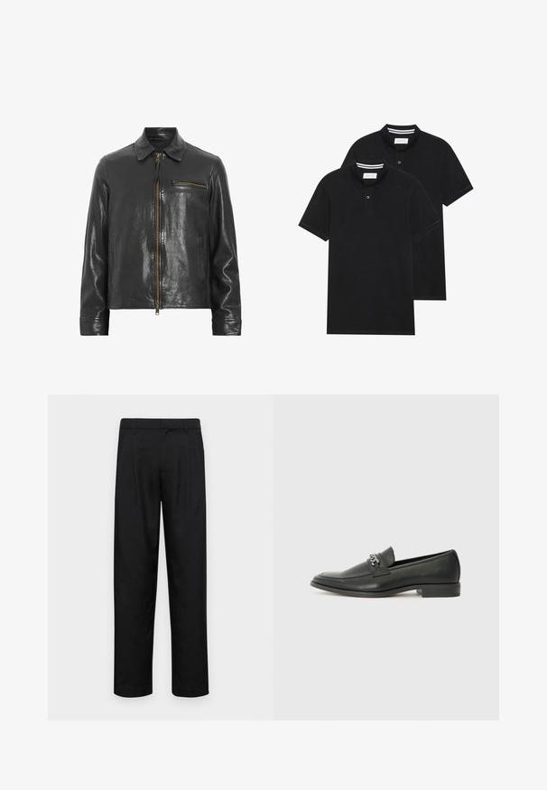 Crna kožna jakna s patentnim zatvaračem sprijeda, ovratnikom i bočnom džepom. Ima sjajnu teksturu i zlatne hardverske detalje.; Dva crna polo majice, kratki rukavi, pamučni materijal, sa klasičnom ovratnikom, čepom sa dva gumba i bijelim prugastim detaljima unutar ovratnika.; Crne hlače od glatkog materijala, s dizajnom ravnih nogavica, dva prednja nabora i standardnim pojasom s petljama za remen.; Crna kožna loafer cipela s glatkom finišem, s ušivenim uzorkom i dekorativnim metalnim lancem preko prednjeg dijela. Ravni potplat.