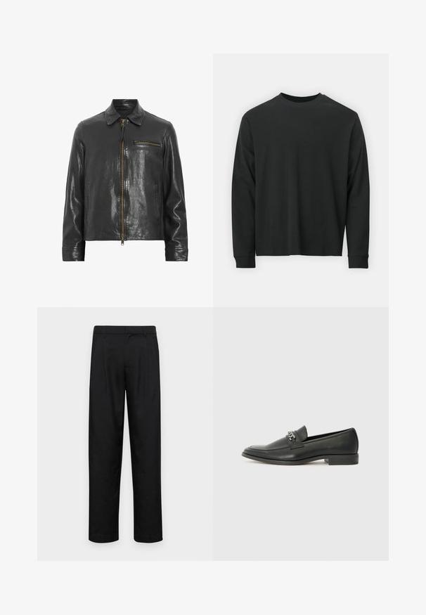 Zwart leren jack met een rits aan de voorkant, kraag en een zijzak. Heeft een glanzende textuur en gouden metalen accenten.; Zwarte longsleeve T-shirt van katoen, met een ronde halslijn, een losse pasvorm en geribbelde boorden. Glad oppervlak zonder zichtbare patronen.; Zwarte broeken van gladde stof, met een recht model, twee voorknikken en een standaard tailleband met riemlussen.; Zwarte leren instapper met een gladde afwerking, voorzien van een gestikt ontwerp en een decoratieve metalen kettingaccent over de wreef. Platte hak.