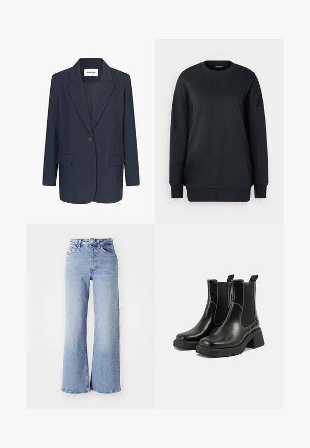 Granatowa marynarka uszyta z gładkiego materiału, z zapięciem na jeden guzik, klapami w kształcie litery V, jedną kieszenią na piersi oraz dwiema kieszeniami z przodu.; Czarna bluza z bawełny, z okrągłym dekoltem, długimi rękawami i luźnym krojem. Gładka tekstura z prążkowanymi mankietami i dołem.; Jasnoniebieskie spodnie o wysokim stanie, z szerokimi nogawkami, z przednimi i tylnymi kieszeniami, z zapięciem na guzik oraz subtelnym wyblaknięciem na udach i u dołu nogawek.; Czarne skórzane botki Chelsea na mocnej podeszwie, z elastycznymi panelami bocznymi i kontrastującym białym ściegiem. Teksturowane wykończenie.