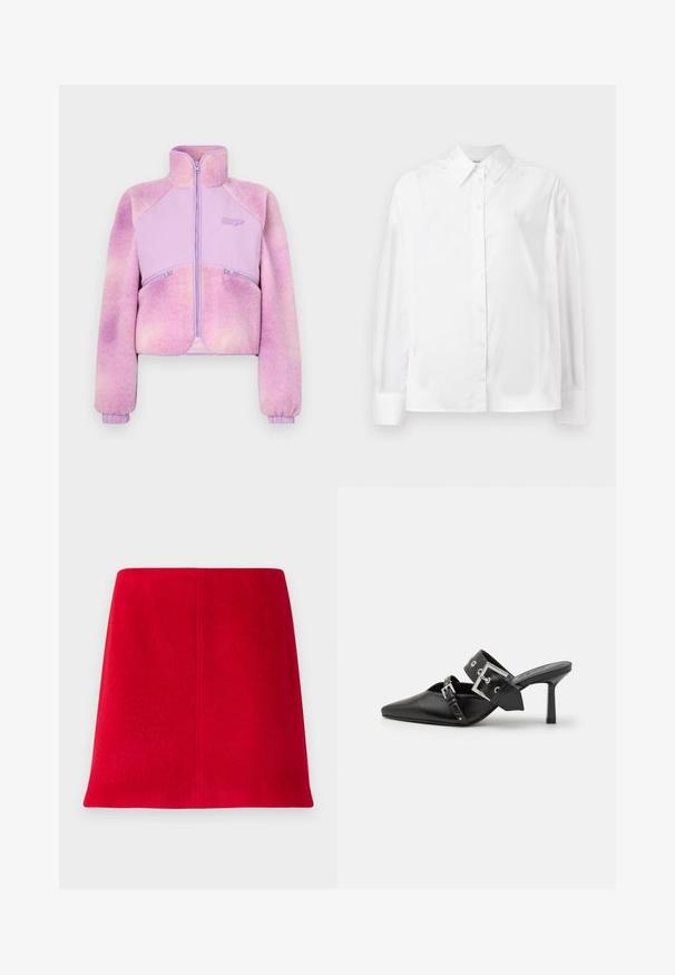 Giacca in pile di un gradiente di viola chiaro con zip frontale, colletto alto e polsini a coste. Presenta due tasche con zip. Texture morbida.; Camicia bianca a maniche lunghe con bottone in un morbido mix di cotone. Presenta un colletto classico, chiusura frontale con bottoni e polsini arrotondati.; Gonna mini rossa realizzata in tessuto texturizzato con una vestibilità dritta. Il design presenta una parte anteriore senza cuciture e linee pulite, senza decorazioni.; Mule nere con tacco alto e punta affilata, realizzate in pelle liscia. Presentano una larga cinghia alla caviglia con una fibbia quadrata argentata e borchie.
