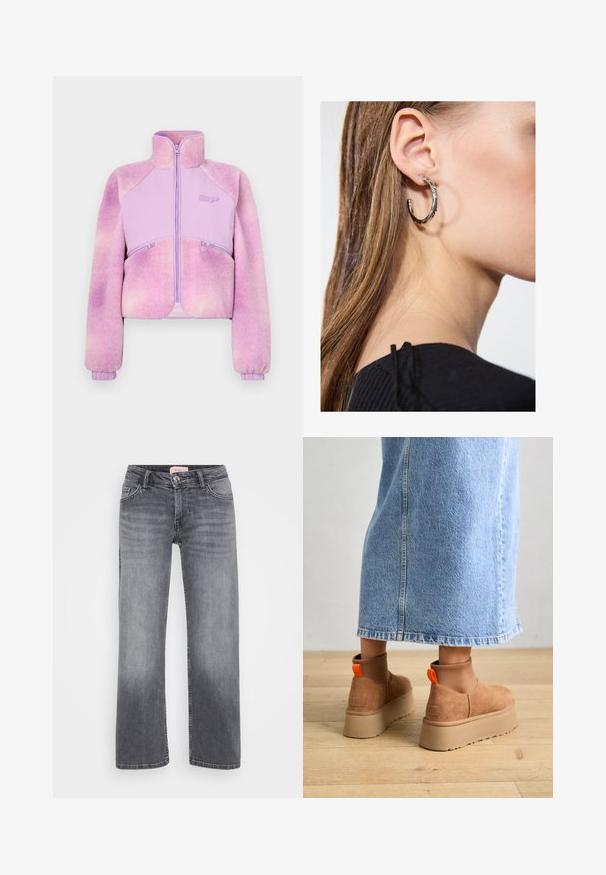 Fleecejack in een gradiënt lichtpaars met een rits aan de voorkant, hoge kraag en geribde manchetten. Bevat twee ritssluitingen zakken. Zachte textuur.; Even&Odd Petite 2 PACK - Top - light grey/black; Grijze denim jeans met een recht gesneden ontwerp, vijf zakken stijl, subtiele vervaging en een knoopsluiting in de taille.; Bruine suède platformlaarzen met elastische zijkanten en oranje trekbandjes, gecombineerd met een lichtdenim rok tot de knie op een houten vloer.; Zilveren oorbel met een gepolijste afwerking, met kleine gouden accentdetails en een ronde vorm, gedragen op de oorlel.