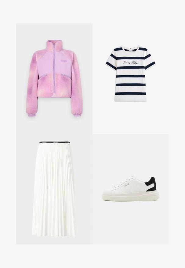 Fleecejakke i gradient lyslilla med lynlås foran, høj krave og ribbede mansjetter. Har to lynlåsede lommer. Blød tekstur.; T-shirt i bomuld med vandrette marineblå striber på en hvid baggrund. "Tommy Hilfiger" broderet i kursiv på brystet. Rund hals.; Plisseret hvid nederdel med en sort elastisk talje, der har "LACOSTE"-logoet. Mellemlang design med blød tekstur.; Hvide lædersneakers med en tyk hvid sål, sort ruskindhælvægt og prægede logoer på siden. Snørebåndsdesign med seks øjer.