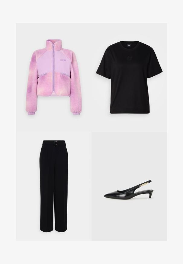 Fleeces jaka ar gradientu gaiši purpursarkanā krāsā, ar rāvējslēdzēja priekšpusi, augsto apkakli un ribotām piedurknēm. Iezīmējās ar divām rāvējslēdzēja kabatām. Mīksta tekstūra.; Melna kokvilnas T-krekls ar apaļu izgriezumu, īsām piedurknēm un izšūtu logotipu uz krūtīm. Vienkāršs, brīvs piegriezums bez rakstiem.; Melnas pielāgotas bikses ar plašu kāju siluetu, ar jostu ar sudraba sprādzi, krokām un gludu auduma faktūru.; Melnas ādas slingback zābaki ar smailu purngalu, ar šauru papēdi un zelta krāsas akcentu uz regulējama siksniņas. Gluda tekstūra.