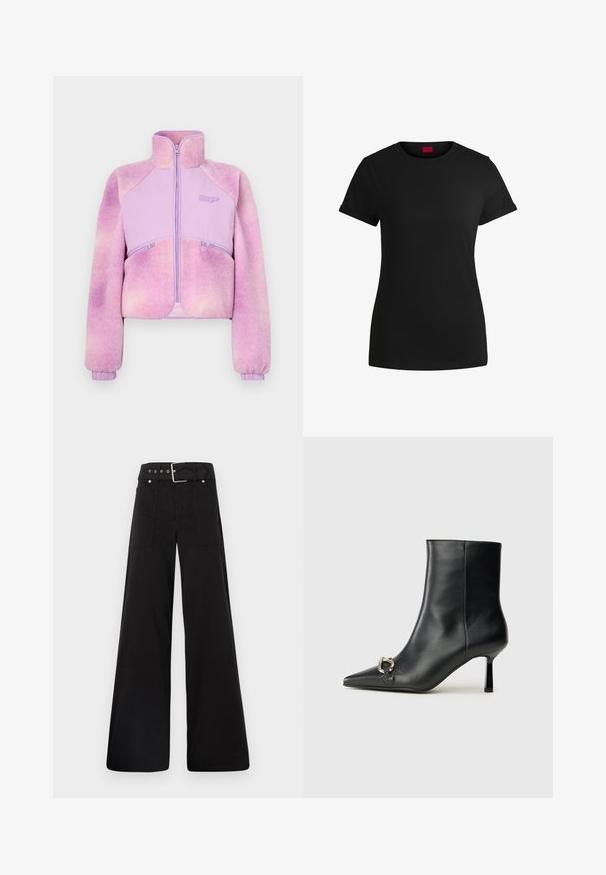 Fleece striukė šviesiai violetinėje spalvoje su gradientu, užtrauktuku priekyje, aukštu apykakle ir raukšlėtomis rankogaliais. Papuošta dviem užtrauktukais uždarytomis kišenėmis. Minkšta tekstūra.; Juodas medvilninis marškinėlis su trumpomis sukamuojamomis rankovėmis, apvaliu iškirpimu ir raudona etikete. Lygus audinys, prigludusi forma su minimaliais papuošimais.; Juodos plačios kojų kelnės, pagamintos iš medvilnės, su aukšta liemene, didelėmis šoninėmis kišenėmis ir diržu, papuoštu sidabriniais akcentais.; Juodas odinis apavas iki kulkšnies su smailiu nosiu, plonu vidutinio aukščio kulnu ir sidabriniu sagties akcentu šone, prieš paprastą foną.