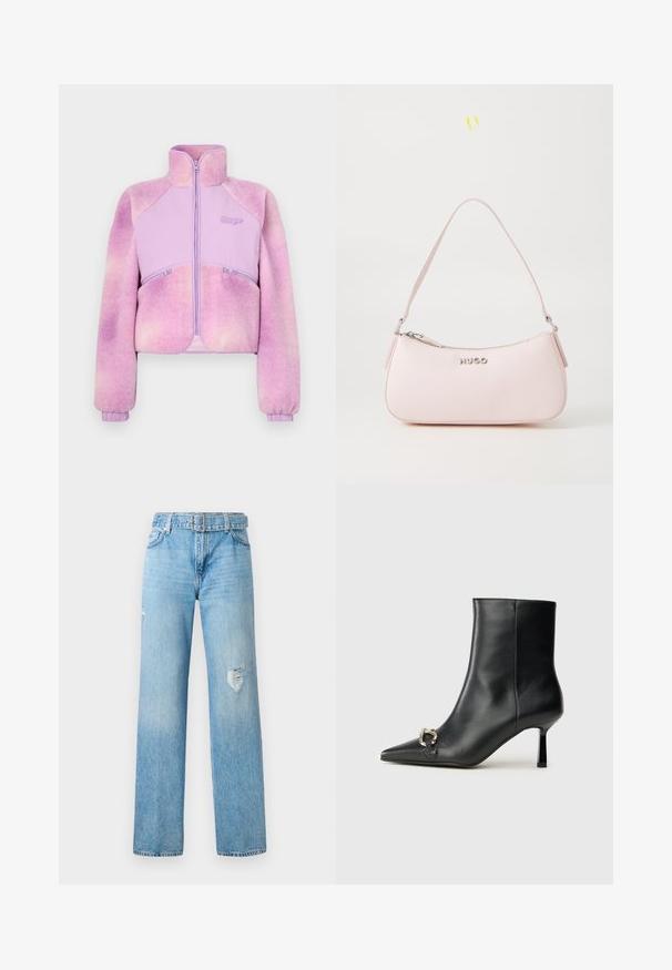Jachetă din fleece în violet deschis gradient, cu fermoar frontal, guler înalt și manșete ribonate. Prezintă două buzunare cu fermoar. Textură moale.; Tricou din bumbac negru, cu mâneci scurte și răsucite, decolteu rotund și etichetă roșie. Textură netedă, formă ajustată și detalii minime.; Jeans din denim de culoare albastru deschis, cu picioare largi, având detalii deteriorate la genunchi și un design clasic cu cinci buzunare și bucle pentru curea.; Botine negre din piele, cu vârf ascuțit, toc subțire de înălțime medie și detaliu cu cataramă argintie pe lateral, pe un fundal simplu.; Geantă de mână din piele roz, cu un design curbat, închidere cu fermoar și curea de umăr. Prezintă un logo argintiu în față.