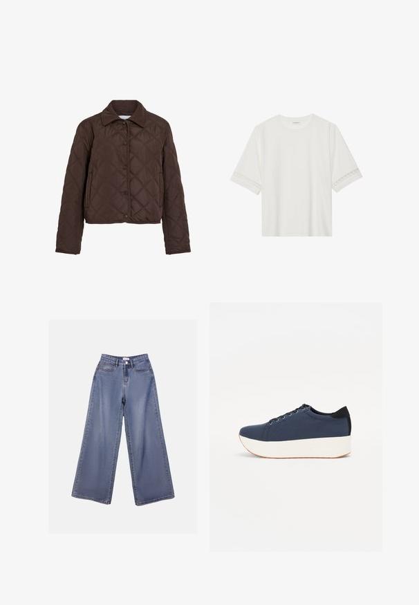 Jachetă brown, matlasată, cu nasturi tip snap, buzunare laterale și guler din catifea, prezentată pe un fundal alb.; Tricou alb cu mânecă scurtă, confecționat din bumbac, cu dantelă decorativă pe marginea mânecilor și un guler rotund.; Jeans din denim cu picioare largi într-o nuanță de albastru deschis, având talie înaltă, buzunare frontale și închidere cu nasture și bucle pentru curea.; Sneaker albastru închis, cu un material texturat pe partea superioară, talpă platformă albă, vârf rotunjit și accent de călcâi negru. Dispune de șase găuri pentru șireturi.
