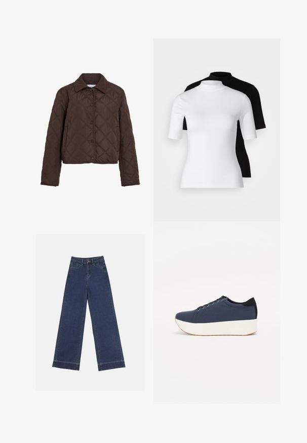 Brūns pāršūts jaka ar nozīmēm, sānu kabatām un samta apkakli, attēlota uz baltā fona.; Divu piemērotu augsto apkakļu topu komplekts melnā un baltā krāsā. Īsas piedurknes, gluda kokvilnas auduma, cieši pieguļošs dizains. Nav rakstu vai grafikas.; Platās kājas džinsi tumši zilā denima krāsā. Iespējas: piecas kabatas, siksnu cilpas un neapstrādāta apakša ar redzamām šuvju detaļām.; Navy zilo apavi ar strukturētu auduma augšdaļu, baltu platformas zoli, noapaļotu pirkstu daļu un melnu papēža akcentu. Iekļautas sešas acs caurumi šnuķēšanai.