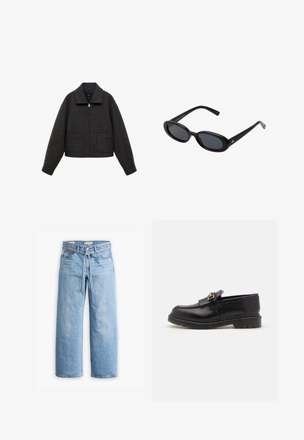 Mango Tunn jacka - grey; Vit T-shirt med kort ärm i bomull, med rund hals och en avslappnad passform, utan synliga mönster eller grafik.; Ljusblå denim jeans med vida ben och hög midja, knäppning med knapp och dragkedja samt dragsko i midjan. Råkantad avslutning.; Svarta läder loafers med rund tå, dekorativ frans och detaljer i guld. Tjock gummisula för ökad grepp och hållbarhet.; Svarta överdimensionerade solglasögon med ovala linser, slät plastbåge och guldaccent på bågarna. Mörka linser ger solskydd.