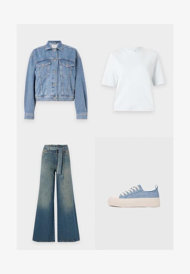 Heleda helesinine teksajakk lühikese lõikega, nööbikirjed ja kaks rinnataskut. Omab vertikaalseid triibusid ja tavalist kraed.; Hele sinine lühikeste varrukatega T-särk, mis on valmistatud pehmest puuvillast. Omab klassikalist ümmargust kaelust ja lõdvestunud lõiget, ilma mustrite või aktsentideta.; Laiad denimpüksid, millel on hele tume sinine gradiendiefekt, kõrge vöökoht, vöökumlid ja sobivast kangast vöö. Struktureeritud denimi viimistlus.; Heledad sinised kangast tennisekingad koorevärvi kummist varbakatte ja taldaga, millel on valged paelad ja tõmblukk kandadel.