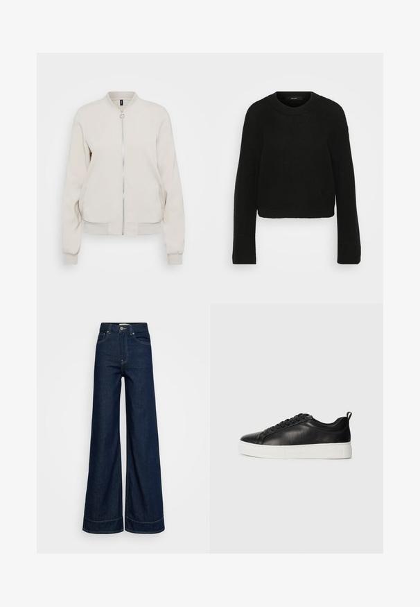 Veste bomber beige clair avec fermeture éclair à l'avant, col et poignets côtelés. Tissu lisse et deux poches latérales, design minimaliste.; Pull en tricot noir avec un col rond et des manches longues. Présente un motif texturé et un design court.; Jeans large taille haute bleu foncé avec poches avant, passants de ceinture, fermeture bouton et coutures visibles sur un fond blanc.; Baskets en cuir noir à tige basse avec des lacets noirs et une épaisse semelle en caoutchouc blanc, vues de l'extérieur sur un fond blanc.