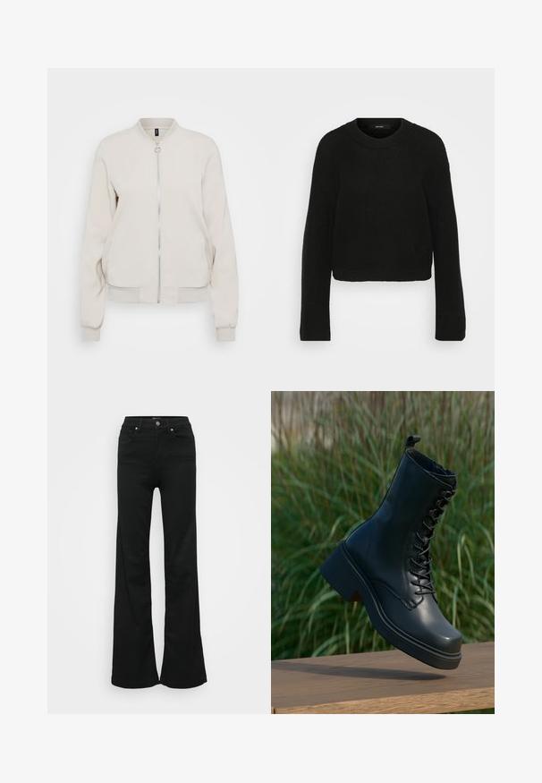 Helle beige Bomberjacke mit Reißverschluss vorne, elastischem Kragen und Bündchen. Glattes Material und zwei seitliche Taschen, minimalistisches Design.; Schwarzer Strickpullover mit Rundhalsausschnitt und langen Ärmeln. Hat ein strukturiertes Muster und ein kurzes Design.; Schwarze, ausgestellte Jeans aus Denim, mit hoher Taille, fünf Taschen und Metallknopfverschluss. Glatte Textur mit minimaler Gestaltung.; Schwarze Lederknöchelstiefel mit runder Zehenpartie, Schnürung an der Vorderseite und dickem, klobigem Absatz. Verfügt über detaillierte Nähte und eine glatte Oberflächenstruktur.