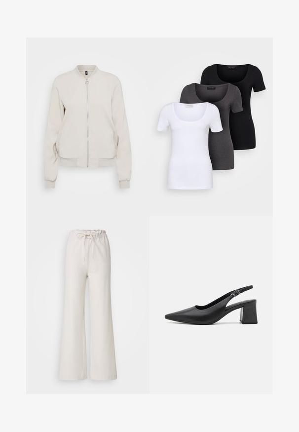 Svijetlosmeđa bomber jakna s patent zatvaračem sprijeda, rebrastim ovratnikom i manžetama. Glatka tkanina i dva bočna džepa, minimalistički dizajn.; Tri fitted T-shirtovi u bijeloj, sivoj i crnoj boji. Svaki ima široki izrez na vratu i kratke rukave. Napravljen od glatkoga, rastezljivog materijala.; Svijetlosmeđi široki hlače s elastičnim pojasom i podesivom vezicom. Izrađene od glatkog materijala; imaju jednostavan, neukrašen dizajn.; Crne kožne cipele s potpeticom i otvorenom petom, oštrim vrhom i masivnom blok petom. Imaju podesivu traku s metalnom kopčom.