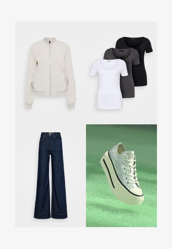 Jachetă bomber bej deschis cu fermoar în față, guler și manșete ribbate. Material neted și două buzunare laterale, design minimalist.; Trei tricouri ajustate, în alb, gri și negru. Fiecare are un decolteu larg în formă de cerc și mâneci scurte. Fabricate dintr-un material neted și elastic.; Jeans cu talie înaltă, albastre închise, cu picioare largi, cu buzunare frontală, bați pentru curea, închidere cu nasture și cusături vizibile, pe un fundal alb.; Adidași metalici argintii cu talpă înălțată, șireturi albe și accente negre. Prezintă un vârf rotunjit și o talpă din cauciuc texturată.