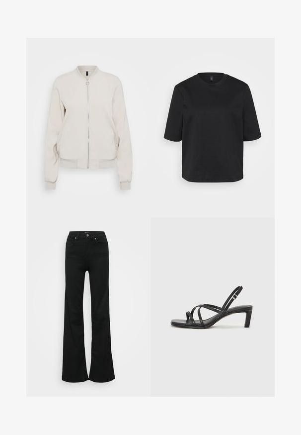 Veste bomber beige clair avec fermeture éclair à l'avant, col et poignets côtelés. Tissu lisse et deux poches latérales, design minimaliste.; T-shirt noir à col rond en coton, avec des manches courtes et une coupe décontractée. Texture lisse sans motifs ni accents visibles.; Jean noir évasé en denim, doté d'une taille haute, de cinq poches et d'une fermeture à bouton en métal. Texture lisse avec un minimum de détails.; Sandale noire à lanières avec un bout carré et un petit talon bloc. Elle présente plusieurs fines lanières et une sangle de cheville ajustable. Fabriquée en cuir lisse.