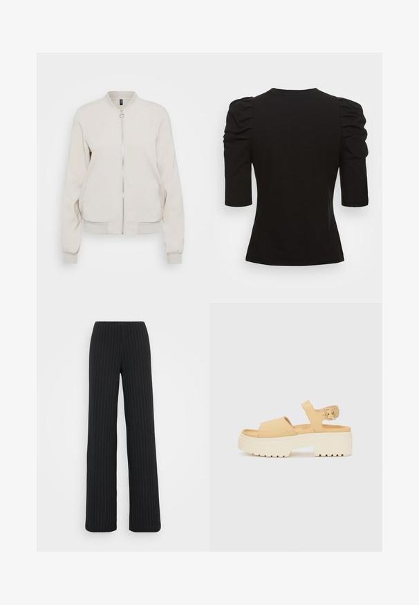 Veste bomber beige clair avec fermeture éclair à l'avant, col et poignets côtelés. Tissu lisse et deux poches latérales, design minimaliste.; Vero Moda Tall VMEGAMAXI - T-shirt basique - black; Vero Moda Tall VMBERLIN MY WIDE - Pantalon classique - obsidian/oatmeal; Sandale en faux cuir jaune avec une semelle plateforme blanche épaisse. Elle dispose de deux larges brides et d'une bride de cheville réglable avec une boucle en métal.