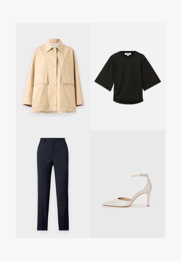 Bézs színű dzseki sima anyagból, klasszikus gallérral, két nagy elülső zsebbel és laza szabással. Látható gombokkal záródik.; Fekete, rövid ujjú póló puha pamutból, lekerekített nyakkal és laza szabással, oldalán finom ráncolással.; Tengerészkék, egyenes szabású, szabott nadrág sima textúrával, két elülső zsebbel és letisztult derékkal.; Fehér bőr, magassarkú cipő hegyes orral, bokapánttal és vékony tűs sarkal. Simaszövet, finom fényes felülettel.