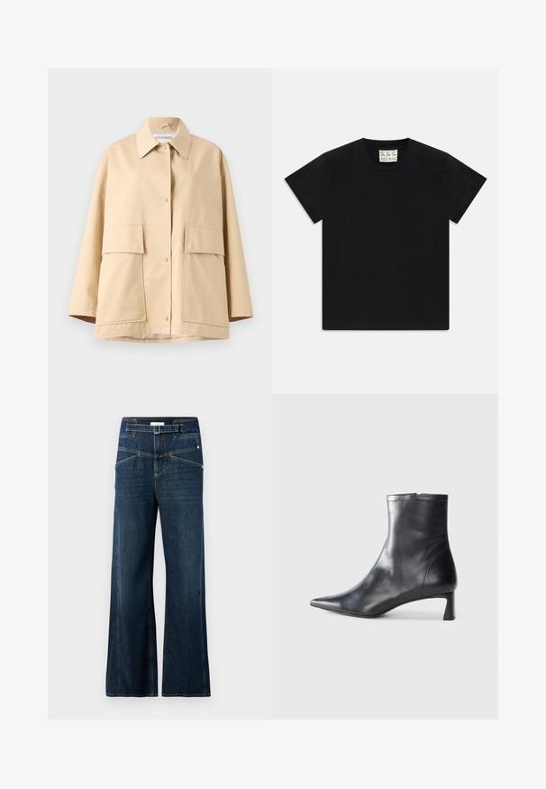 Giacca beige realizzata in un tessuto liscio, con collo classico, due grandi tasche frontali e una vestibilità rilassata. Chiusura con bottoni a vista.; Maglietta nera a maniche corte con collo rotondo e un'etichetta bianca all'interno del colletto con la scritta "D.R.C. EST. 2002" su sfondo bianco.; Jeans a gamba larga realizzati in denim blu scuro, con vita alta, due tasche frontali e dettagli di cucitura in contrasto.; Stivaletto in pelle nera con punta affusolata e design elegante. Presenta un tacco basso e una chiusura con zip sul retro. Texture liscia.