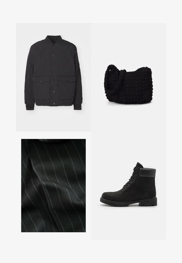 Zwarte gewatteerde jas met een opstaande kraag, sluiting met drukknopen aan de voorkant en twee grote klepzakken. Heeft ribgebreide manchetten en een gestructureerde stof.; Twee kortemouw t-shirts, één wit en één zwart, met een hooghals ontwerp gemaakt van zachte katoen.; Zwarte stof met een visgraatpatroon en dunne witte strepen. De textuur lijkt glad met een subtiele diepte van de weving.; Zwarte enkellaars met vetersluiting, voorzien van een gevoerde kraag en een robuuste zool, weergegeven in profiel tegen een witte achtergrond.; Zwarte stoffen tas met een gestructureerd, gewatteerd patroon. Rondvormig, korte, dikke handvatten en een zachte, flexibele structuur.