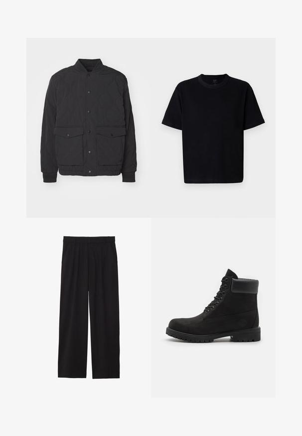 Must mustärjast pehme fliis voodriga jakk püstkraega, ees nööbiga sulgemine ja kaks suurt klapiga taskut. Omab soonikservi käiseid ja struktureeritud kangast.; Must musta t-särk, millel on ümmargune kaelus, lühikesed varrukad ja sirge lõige. Omab minimaalset õmblemist ja pehmet, siledat tekstuuri.; Mustad laiad püksid pleediga esiosas, küljetaskud ja sile kangas. Disainitud mugavaks istuvuseks.; Mustade lacesega pahkluu saapad pehme kraega ja robustse tallaga, kujutatud profiilis valge taustaga.