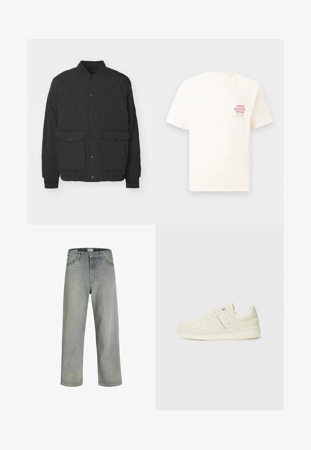 Black quilted jacket with a stand collar, front snap closure, and two large flap pockets. Features ribbed cuffs and textured fabric.; White short-sleeve T-shirt with red text "Studio Originals Edition" on left chest, displayed on a neutral gray background.; Light gray, loose-fitting jeans made of denim. Features a classic five-pocket design, belt loops, and a straight leg silhouette.; Cream-colored sneaker with perforated detailing, laces, and logo on the side, displayed against a plain white background.