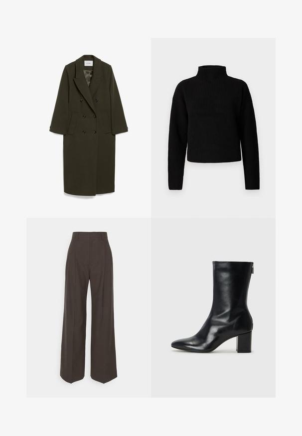 Cappotto doppiopetto verde oliva scuro con maniche lunghe, colletto a revers, due tasche laterali e bottoni neri; tessuto dalla consistenza liscia.; Maglione a collo alto nero a costine con maniche lunghe e design corto. La texture sembra spessa e lavorata a maglia, senza pattern o abbellimenti visibili.; Pantaloni ampi marrone scuro con vita alta, caratterizzati da pieghe ben stirate, una texture liscia e una vestibilità su misura.; Stivale alla caviglia in pelle nera con punta affusolata e tacco a blocco di 4 cm. Design elegante con cerniera laterale per una facile calzata. Tessuto liscio.