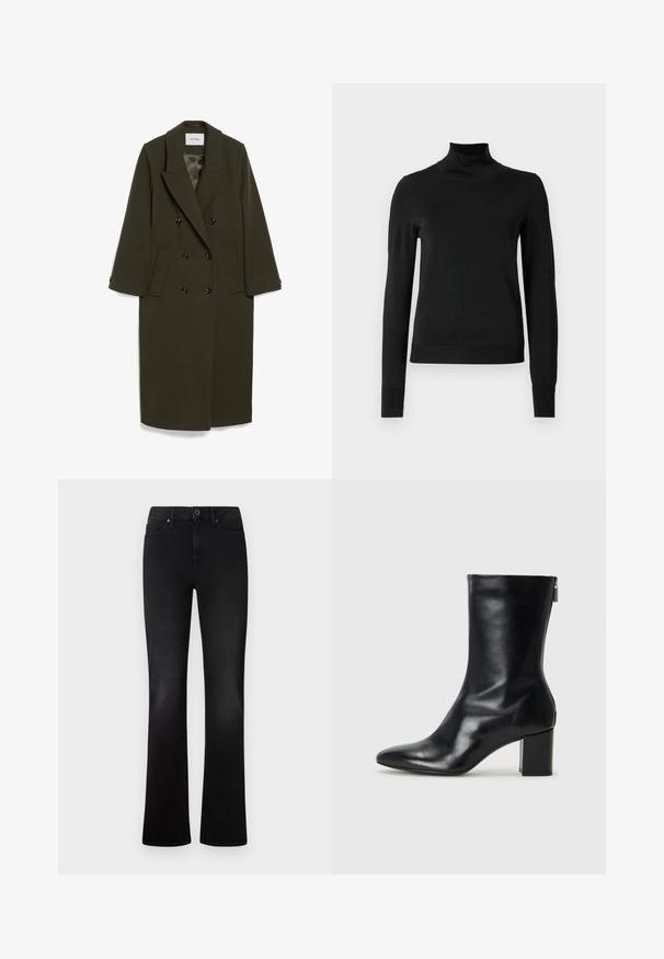 Mørkeolivengrøn dobbeltbrystet frakke med lange ærmer, klapkrave, to sidelommer og sorte knapper; glat stofstruktur.; Sort langærmet turtleneck sweater med ribbede manchetter og kant, vist på en simpel hvid baggrund.; Sorte denim flared jeans med fem lommer, en frontknaplukning og en glat overflade. Har en klassisk pasform og jævn syning.; Sorte læder ankelstøvler med spids tå og 4 cm blokhæl. Det slanke design har en sidelukning for nem påtagning. Glat tekstur.