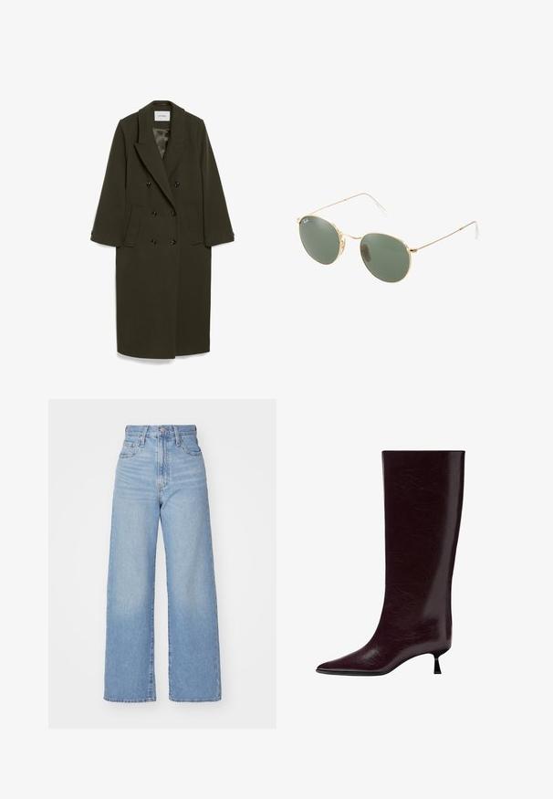 Cappotto doppiopetto verde oliva scuro con maniche lunghe, colletto a revers, due tasche laterali e bottoni neri; tessuto dalla consistenza liscia.; Maglione color crema con colletto a scallop e dettagli in perline argentate. Realizzato in un tessuto morbido e testurizzato. Presenta maniche lunghe e una vestibilità rilassata.; Jeans a vita alta blu chiaro con gamba larga, chiusura frontale con bottone e zip, tasche anteriori e posteriori, su uno sfondo bianco.; Stivale in pelle bordeaux al ginocchio con una finitura liscia e texturizzata, punta affusolata e un tacco sottile e impilato per un'elevazione aggiuntiva.; Occhiali da sole con montatura metallica dorata, lenti verdi, forma rotonda, aste sottili e dettagli in plastica bianca sulle punte delle aste.