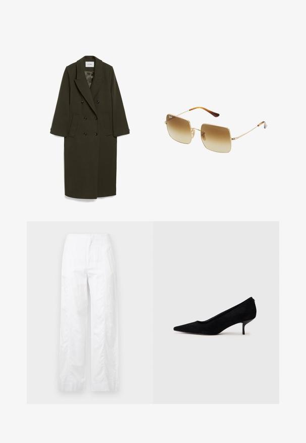 Temno olivno zeleno dvoredno plašč z dolgimi rokavi, izrezanim ovratnikom, dvema stranskima žepoma in črnimi gumbi; gladka tekstura blaga.; Kremno obarvana rebrasta turtleneck pulover s dolgimi rokavi in sproščenim krojem. Mehak material in brezšivna zasnova povečujeta udobje.; Bela široka hlače iz lahkega materiala, ki se ponašajo z gladko teksturo, čistimi linijami in visokim pasom.; Črne semiš visoke pete z običajem in tankim, nizkim petom. Gladka tekstura s elegantnim dizajnom, brez vidnih kovinskih delov.; Kvadratne sončna očala z graduiranimi rjavimi lečami, zlate kovinske okvirje in barvne stezice v vzorcu želve.