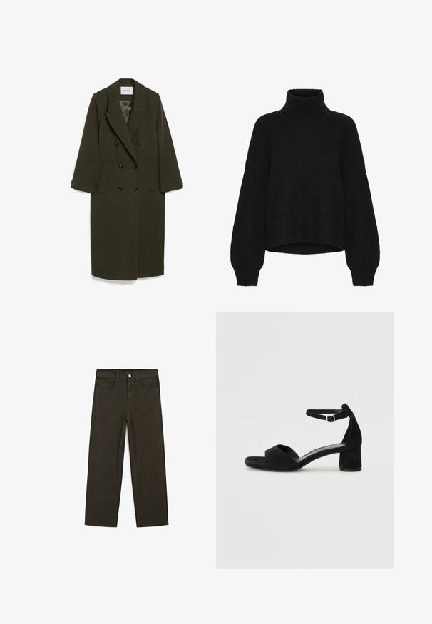 Cappotto doppiopetto verde oliva scuro con maniche lunghe, colletto a revers, due tasche laterali e bottoni neri; tessuto dalla consistenza liscia.; Maglione nero a collo alto con design corto, realizzato in tessuto morbido. Ha maniche ampie e una texture a coste sul colletto.; Jeans a gamba larga di colore verde scuro, realizzati in tessuto misto cotone, dotati di chiusura con bottone frontale, cinque tasche e cuciture classiche in denim.; Sandali con tacco in suede nero, con una sottile fascia alla caviglia, design open toe e un discreto tacco a blocco. Texture liscia e decorazioni minime.