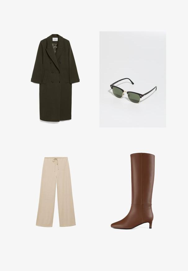 Tmavozelený dvojradový kabát s dlhými rukávmi, zárezovým golierom, dvoma bočnými vreckami a čiernymi gombíkmi; hladká textúra látky.; Svetlobežová skrátená mikina s širokým výstrihom, dlhými rukávmi a mäkkou, textúrovanou látkou. Má uvoľnený, štvorcový strih.; Béžové nohavice s širokými nohavicami a pásom na šnúrku, vyrobené z mäkkej látky. Majú hladkú textúru a dlhý strih.; Hnedé čižmy siahajúce po kolená, vyrobené z hladkého syntetického materiálu. Majú špicatú špičku a nízky, blokový podpätok. Jednoduchý, elegantný dizajn bez ozdôb.; Čierne a zlaté slnečné okuliare so zelenými šošovkami, v mačacím tvare, s kovovými akcentmi a strukturálnym rámom.