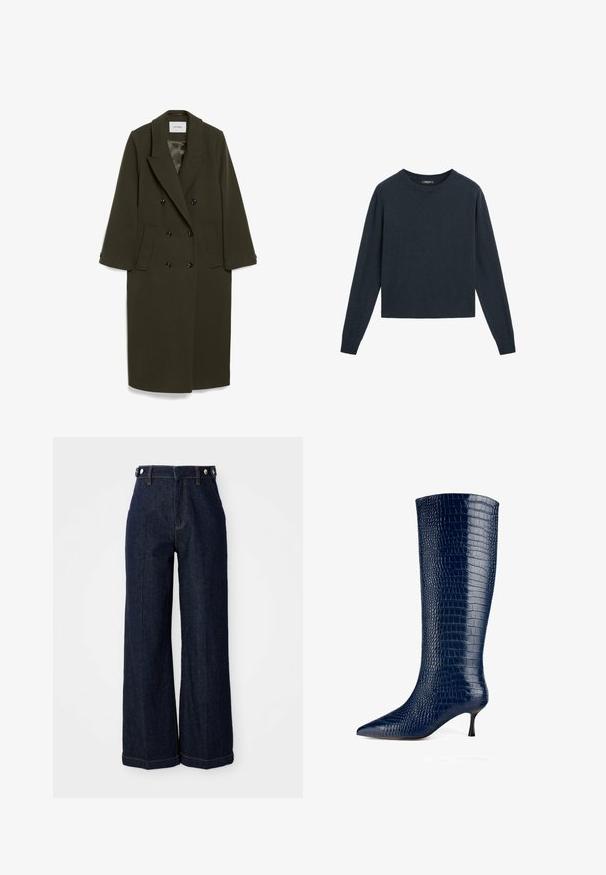 Cappotto doppiopetto verde oliva scuro con maniche lunghe, colletto a revers, due tasche laterali e bottoni neri; tessuto dalla consistenza liscia.; Maglione blu scuro realizzato in morbido tessuto a maglia, con collo rotondo, maniche lunghe e un design cropped con polsini e orlo a coste.; Jeans a gamba larga di colore blu scuro realizzati in denim, caratterizzati da un'alta vita, design a cinque tasche e cuciture arancioni a contrasto.; Stivali al ginocchio in pelle blu con stampa a coccodrillo, con punta affusolata e sottile tacco a stiletto. Texture liscia con finitura lucida.