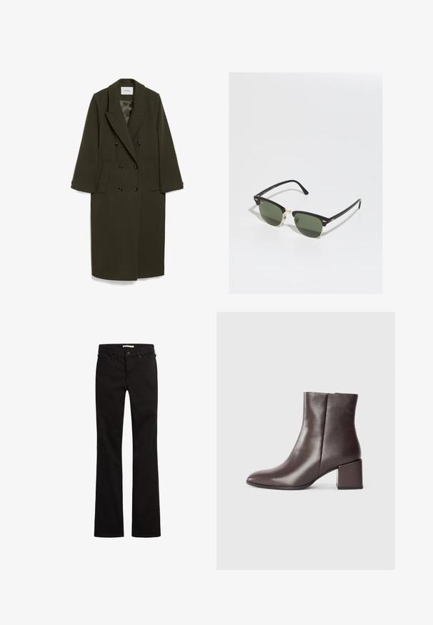 Dunkelolivgrüner doppelt knöpfbarer Mantel mit langen Ärmeln, Reverskragen, zwei seitlichen Taschen und schwarzen Knöpfen; glatte Stofftextur.; Gestuz MANZI ROLLNECK - Strickpullover - deep graphite; Schwarze Schlagjeans mit einem fünf Taschen-Design, ausgestattet mit einem Knopfverschluss und Gürtelschlaufen, aus einem glatten Denim-Material gefertigt.; Braune Leder-Ankle-Boots mit einem eleganten Design, spitzer Zehenform und quadratischem Blockabsatz. Glatte Textur und minimalistisches Profil.; Schwarz-goldene Sonnenbrille mit grünen Gläsern, katzenaugenförmig, mit metallischen Akzenten und einem strukturierten Rahmen.