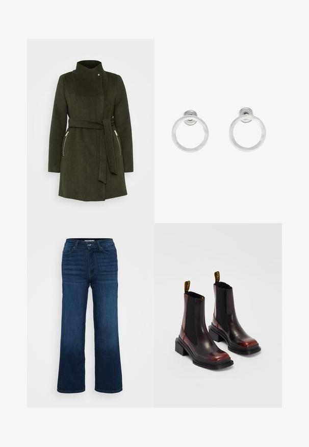 Donkergroene, ceintuurjas met een hoge kraag, een gladde textuur en twee met rits afgesloten zijzakken. Heeft op maat gemaakte naden en een minimalistisch ontwerp.; Even&Odd Petite 2 PACK - Top - light grey/black; ONLY Petite ONLMADISON BLUSH WIDE - Wide leg - dark blue denim; Dr. Martens MAYBOLE CHELSEA - Enkellaarsjes met plateauzool - black/cherry red; Zilveren metalen ringoorbellen met een geborstelde textuur, met een ronde vorm en een transparante bevestiging voor een veilige draagwijze.