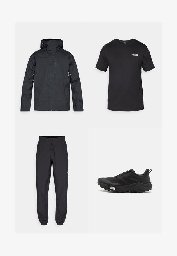 Schwarze wasserdichte Jacke mit hohem Kragen, Reißverschlusstaschen und verstellbarer Kapuze. Ausgestattet mit einem glatten, matten Finish und minimalistischem Stil.; Schwarzes T-Shirt mit kurzen Ärmeln aus Baumwolle, mit einem runden Ausschnitt und einem kleinen weißen Logo auf der oberen linken Brust.; Schwarze Sporthosen aus leichtem Stoff, mit einem Kordelzugbund, seitlichen Taschen und schmal zulaufenden Bündchen an den Knöcheln.; Schwarzer Trailrunning-Schuh mit strukturiertem Obermaterial, Gummisohle und verstärkter Zehenkappe. Verfügt über einen gepolsterten Kragen und eine Ziehlasche für einfaches Anziehen.