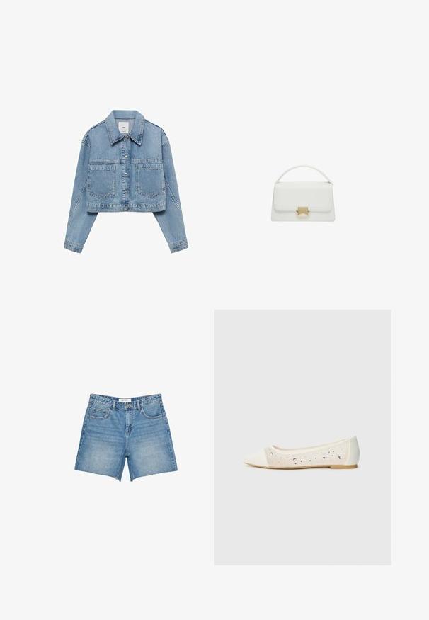 Mango Jakna iz džinsa - blue; Rjava brezrokavna majica s kvadratnim izrezom, narejena iz mehkega, elastičnega materiala. Ima oprijet kroj in ravne šive.; Svetlo modri denim kratki hlače s ravnim krojem, raztrganim robom, petimi žepi in blagovno oznako na pasu. Enakomerno pranje in trpežna tkanina.; Pointe kratek v kremni usnjeni z transparentnim zgornjim delom, okrašenim s razpršenimi kamni. Mehak podplat za udobje, minimalističen dizajn.; Bela usnjena torbica s strukturirano zasnovo, ki ima ročaj na vrhu in zaponko v zlatem tonu. Gladka tekstura in minimalistični detajli.