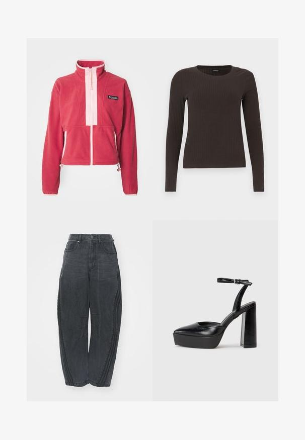 Vaaleanpunainen fleece-takki, jossa on korkea kaulus, etuvetoketju, erottuva vaaleanpunainen paneeli sekä säädettävät nyörit helmassa ja hihoissa.; Ruskih, dugih rukava, rebrastih majica s okruglim izrezom. Izrađena od glatkog, rastezljivog materijala, s pripijenim krojem i minimalnim detaljima.; Löysät mustat farkut, joissa on haalistunut viimeistely, viisi taskua, vyötärön napitus ja ommellut yksityiskohdat edessä ja sivuilla.; Mustat korkeat platform-kengät, joissa on terävä kärki ja säädettävä nilkkaremmi. Valmistettu sileästä nahasta ja varustettu paksulla lohkokorkeudella.