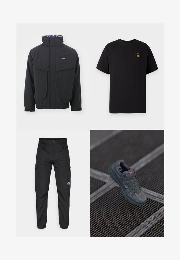 Juoda lauko striukė su aukštu apykakle, dviem krūtinėmis kišenėmis ir guminiais rankogaliais. Apykaklė išklota raštuotu flisu.; Juodas medvilninis marškinėliai trumpomis rankovėmis, apvaliu kaklu ir mažo geltono siuvinėjimo dizaino kairėje krūtinės pusėje.; The North Face HORIZON PANT - Lauko kelnės - black; Nike sportbačiai tamsiai pilki, su tekstūruota tinklelio viršuje, kontrastingu raudonu akcento logotipu ir guminėmis padangomis, turinčiomis tinklo rašto dizainą.