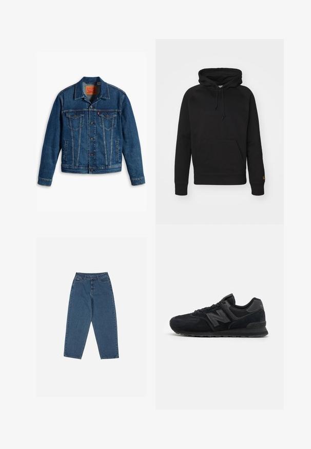 Jachetă clasică din denim albastru, cu închidere prin nasturi, două buzunare cu nasturi pe piept, buzunare laterale și guler, așezată plat pe un fundal alb.; Hanorac negru din material moale, cu buzunar frontal tip pouch, cordon ajustabil și manșete ribbate. Textură netedă cu detalii minime.; Jeans din denim albastru cu o croială relaxată, talie înaltă, design cu cinci buzunare și accente cusute. Dispune de un sistem de închidere cu buton și fermoar.; Pantofi sport din suede negru și plasă, cu un superior texturat, guler căptușit, șireturi plate și un accent de logo gri pe lateral.
