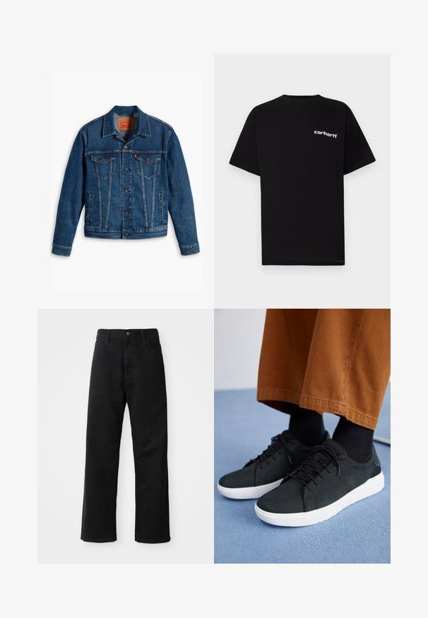 Klasická modrá denimová bunda s knoflíkovým zapínáním, dvěma knoflíkovými náprsními kapsami, postranními kapsami a límcem, leží položená na bílém pozadí.; Černé bavlněné tričko s krátkými rukávy, kulatým výstřihem a bílým logem "Carhartt" na levé straně hrudi. Hladká texturu, jednoduchý design.; Černé džínové kalhoty s rovný střih, s předními kapsami, zipovým zapínáním a jedním horním knoflíkem. Texturovaná látka s matným povrchem.; Černé semišové tenisky s bílými gumovými podešvemi, s šněrovacím designem, texturovanými detaily a jemným logem, spárované s hnědými kalhotami.
