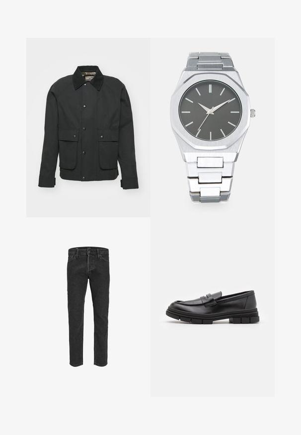 Juodas švarkas, pagamintas iš patvarios medžiagos, su apykakle, priekiniais užtrauktukais, dviem krūtinės kišenėmis ir reguliuojamais rankovėmis.; Redefined Rebel TETON REGULAR FIT - Džemperis - black grey; Juodi džinsai su tiesiu kojų kirpimu, penkiomis kišenėmis ir diržo kilputėmis, turintys šiek tiek išblukusį tekstūrą ir kontrastingą siuvinėjimą.; Juodi odiniai loaferiai su lygia apdaila, turintys priekinį dirželio akcentą ir storą guminį padą su grioveliais.; Sidabrinis analoginis laikrodis su aštuonkampiu korpusu, pilku ciferblatu, sidabriniais valandų žymekliais ir nerūdijančio plieno grandinėle. Minimalistinis dizainas su sklandžiu paviršiumi.
