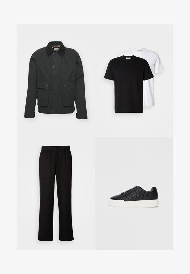 Juodas švarkas, pagamintas iš patvarios medžiagos, su apykakle, priekiniais užtrauktukais, dviem krūtinės kišenėmis ir reguliuojamais rankovėmis.; Du riebi medvilniniai marškiniai, vieni juodi, padėti prie baltų, abu trumpomis rankovėmis ir apvaliais iškirpimais.; Juodos kelnės su laisvu siluetu, pagamintos iš lengvos medžiagos. Yra elastingas juosmuo, mygtuko užsegimas ir dvi priekinės kišenės.; Juodi sportbačiai su geometriniu raštu šone, lygiu priekiu ir baltu guminio pado. Yra apvalios raišteliai ir žemas dizainas.