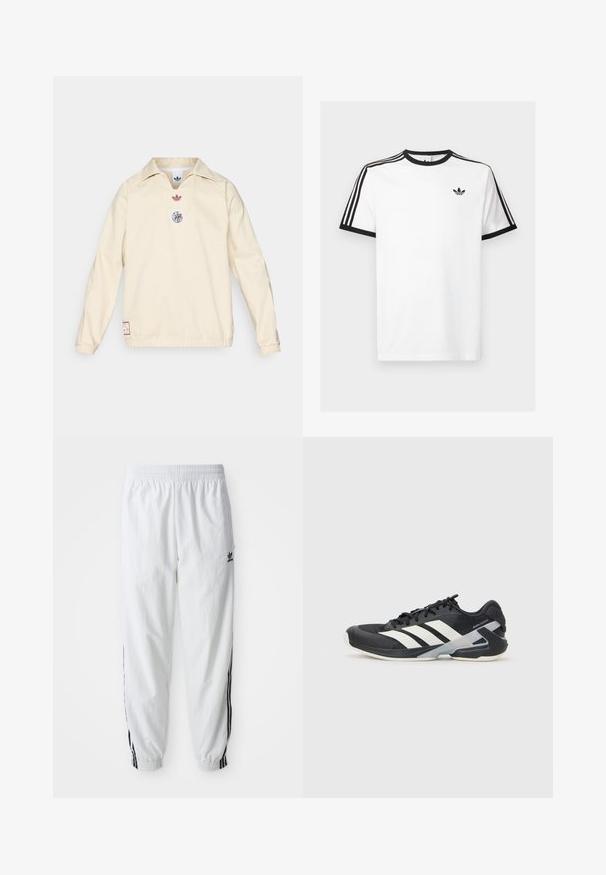Krem pulover s ovratnikom, sadrži mali crveni logo i kružni grafički grb na prsima. Elastični rukavi i rub.; Bijela pamučna majica s crnim rebrastim izrezom i rukavima, s tri crne pruge na svakom ramenu i malim logom na prsima.; Bijele atletske hlače s crnim bočnim trakama, elastičnim pojasom i manžetama; sadrže Adidas logo na lijevom butu. Glatka tekstura tkanine.; Crne atletske cipele s bijelim prugama, mrežasta gornja strana, zaobljeni prst i podstavljeni đon. Imaju teksturiranu petu i siguran sustav vezivanja.