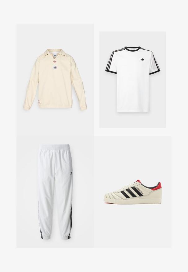 Kremo spalvos megztinis su apykakle, ant krūtinės yra mažas raudonas logotipas ir apvalus grafikos ženklas. Elastingi rankogaliai ir apačia.; Balta medvilnė marškinėliai su juodu iškirpimo ir rankovių apdaila, turintys tris juodas juostas ant kiekvieno peties ir mažą logotipą krūtinėje.; Balti sportiniai kelnių su juodomis šoninėmis juostelėmis, elastinga juosmens juosta ir rankovėmis; kairiame šlaunyje yra Adidas logotipas. Lygus audinio paviršius.; Kremo spalvos odiniai sportbačiai su juodomis juostelėmis, raudonais kulno akcentais ir tekstūruotais detalėmis. Yra gumatė padas ir raištelių uždarymas.