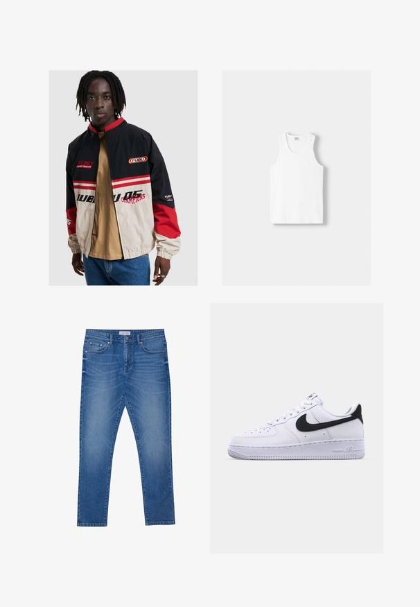 FUBU-Jacke in Schwarz, Beige und Rot. Mit Stehkragen, Reißverschluss vorne und Logo-Akzenten. Aus leichtem Material gefertigt mit elastischen Bündchen.; Weißes Baumwoll-Trägershirt mit Rundhalsausschnitt, breiten Trägern und geradem Saum, das eine glatte Textur aufweist und keine sichtbaren Muster hat.; Blaue Jeans aus Denim mit geradem Bein, ausgestattet mit Fronttaschen, gesteppten Nähten und einem klassischen Knopfverschluss.; Weißes Leder-Sneaker mit einem strukturierten schwarzen Swoosh, flachen Schnürsenkeln und einer Gummisohle mit genoppetem Muster. "AIR" ist auf der Ferse eingeprägt.