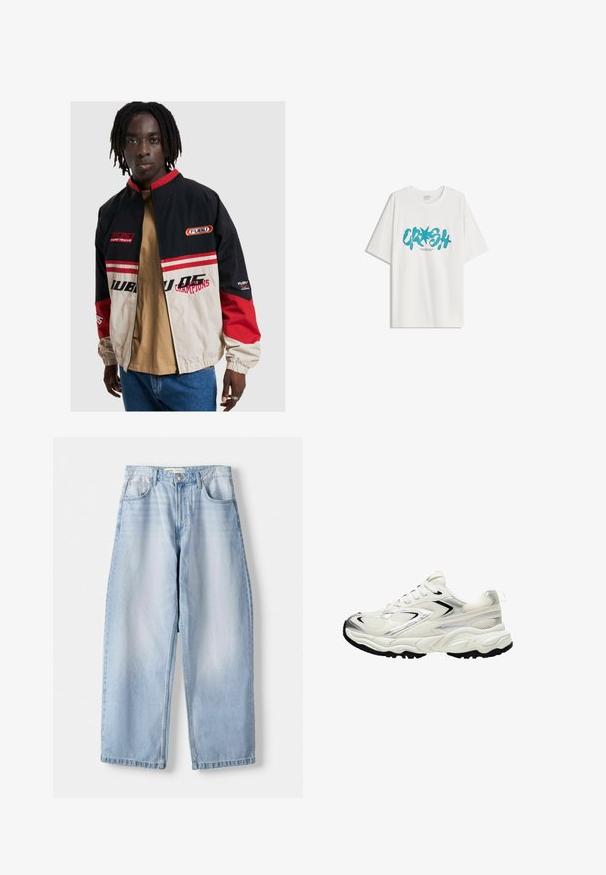 FUBU jakna v črni, bež in rdeči barvi. Ima stoječ ovratnik, zadrgo spredaj in logotipne poudarke. Narejena iz lahkotnega materiala z elastičnimi manšetami.; Bershka SHORT SLEEVE - Potiskana majica - white; Svijetloplave traper široke hlače s srednjim strukom, dizajnom s pet džepova i suptilnim izbljeđivanjem; završene ravnim rubom i petljicama za remen.; Bele superge z mrežasto zgornjico, srebrnimi poudarki, črnim podplatom in teksturiranimi paneli. Imajo vezalni dizajn in okroglo obliko nosu.