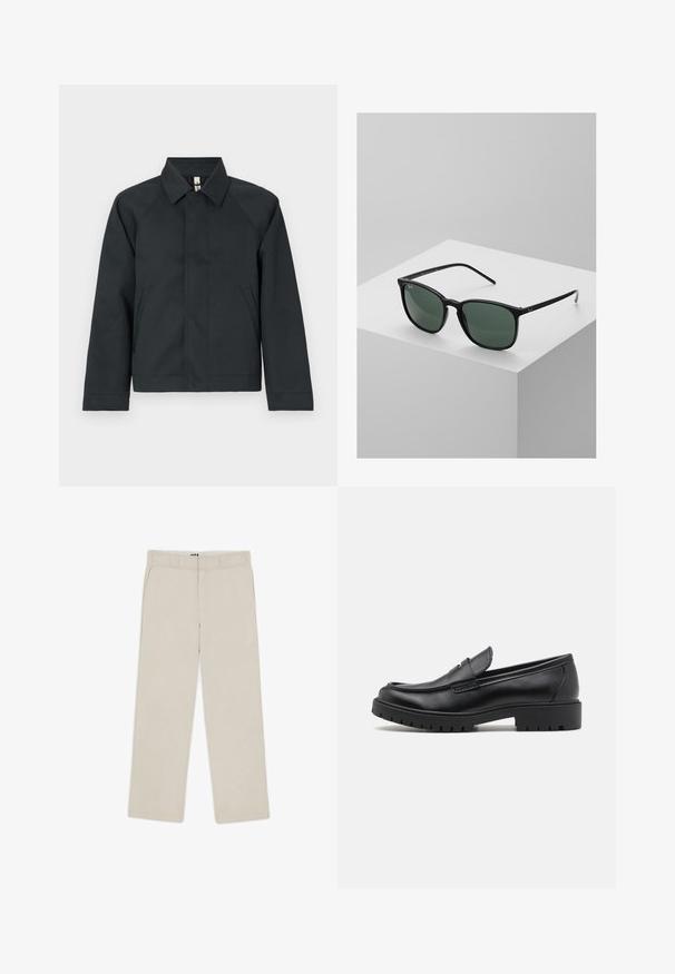 Tmavý, golierový kabát s raglánovými rukávmi, vyrobený z hladkej tkaniny. Obsahuje dva bočné vrecká a rovný lem s minimálnym zdobením.; Svetlošedý pulóver s vysokým golierom, polovičným zipsom vpredu a elastickými manžetami. Mäkko tkanina a voľný strih.; Béžové nohavice širokého strihu s hladkou textúrou, obsahujúce pútka na opasok, dve predné vrecká a zips. Minimalistický dizajn.; Čierne kožené mokasíny s okrúhlou špičkou, s designom na obúvanie a hrubou gumovou podrážkou s textúrovanou protišmykovou úpravou. Vyvýšený opatok a jemné prešívanie.; Čierne obdĺžnikové slnečné okuliare s tmavozelenými šošovkami, so štíhlým plastovým rámom a striebornými akcentmi na spánkoch.