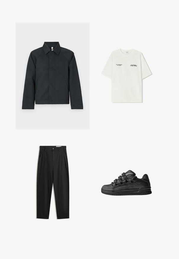 Tamno smeđa jakna s ovratnikom i raglan rukavima, izrađena od glatkog materijala. Ima dva bočna džepa i ravni rub s minimalnim detaljima.; Bijela pamučna majica kratkih rukava. Na prednjem dijelu nalazi se crni natpis: "NE SJUTRA NE DANAS" i "UMJETNOST KRETANJA PRAHOM" na zelenoj boji.; Crne pamučne hlače s opuštenim krojem, s klasičnim pojasom, prednjim nabranjima i bočnim džepovima. Glatka tekstura bez uzoraka.; Crne tenisice s glatkom kožnom gornjom površinom, teksturiranim detaljima i okruglim crnim i bijelim vezicama. Debeli gumeni potplat s uzorkom.