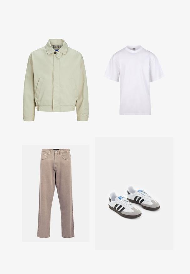 Bež puuvillane jakk, millel on krae, ees nupulukk ja küljetaskud. Omab tekstureeritud interjööri ruudulise mustriga.; Valge puuvillane t-särk ümmarguse kaeluse, lühikeste varrukate ja lõdva lõikega. Omab lihtsat disaini ilma mustrite või aktsendita.; Beezid sirgedega teksased, millel on klassikaline viie tasku disain, õmblusaktsendid ja puhas ääreviimistlus.; Spordijalatsid valge nahkpealsega, halli nubuk-naha otsaga ja kolme musta triibuga. Omab sinist logo keele peal ja struktureeritud kummitalda.